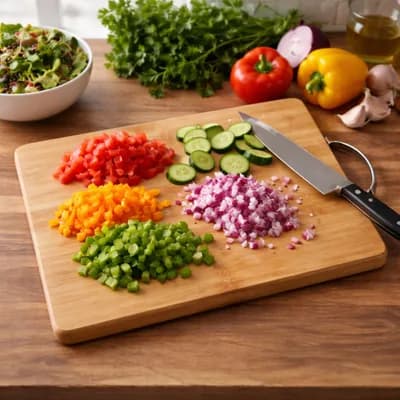 Chopped peppers, onion and cucumber on the board, with a knife