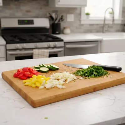 Vegetables chopped on the board beside a stove