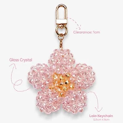 The pink flower keychain, marked 12.5 × 8 cm, with a clasp that opens 1 cm