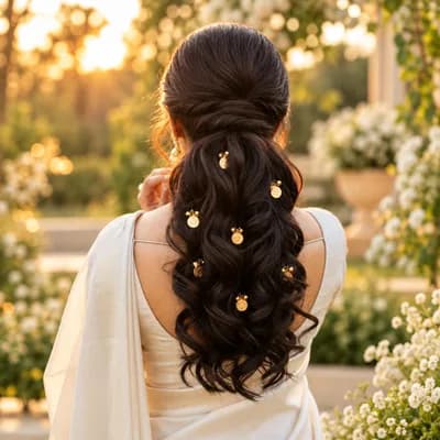 The coin pins scattered through long dark curls, worn with white