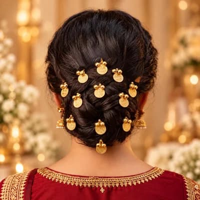 The coin pins set around a low bun, worn with a red outfit
