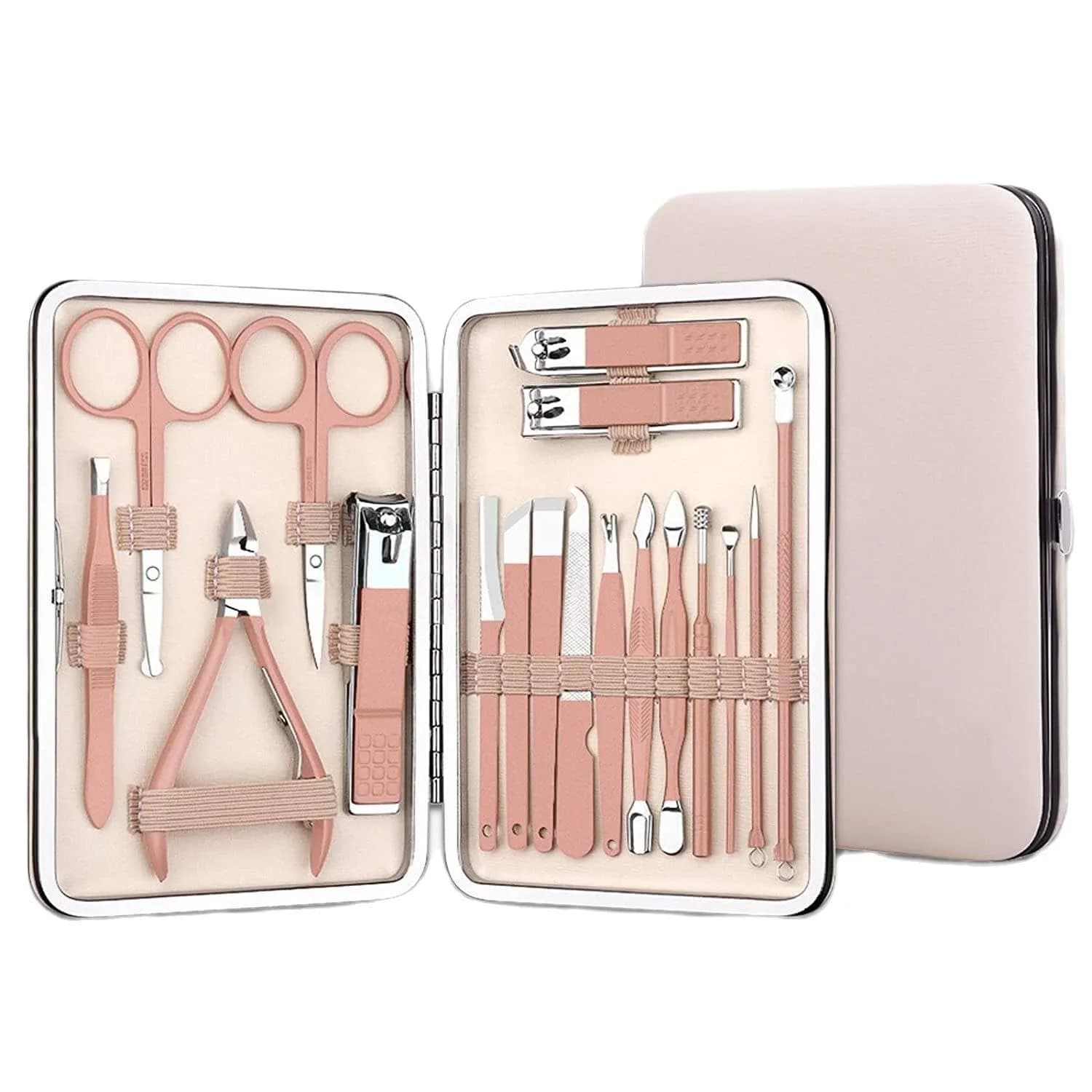 The open kit in its plain blush case: rose-gold scissors, clippers, nippers, tweezers and fine tools