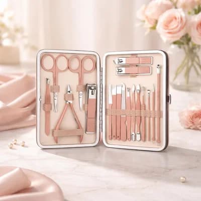 The open kit standing on a dressing table beside pink roses