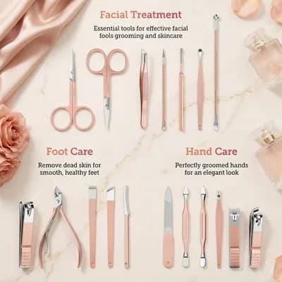 The tools sorted into face care, foot care and hand care