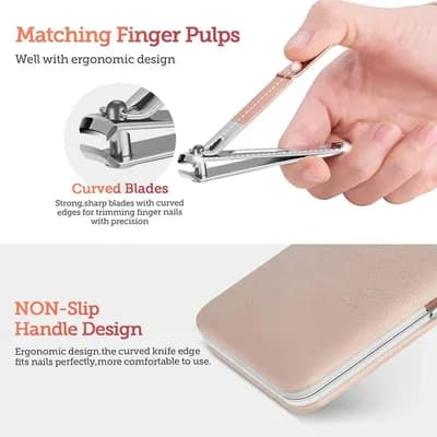 A hand holding a nail clipper with curved blades, beside the case