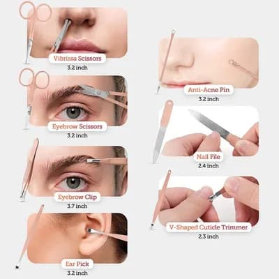 Nose-hair scissors, eyebrow scissors, tweezers, an ear pick, a blemish pin, a nail file and a cuticle trimmer, each with its length