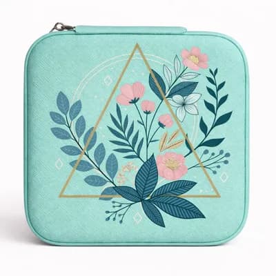 A mint mini jewelry box printed with pink and teal flowers and leaves inside a gold triangle