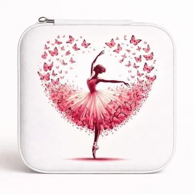 A white mini jewelry box printed with a ballerina inside a heart of pink butterflies
