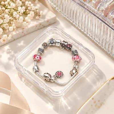 A small clear box holding a silver charm bracelet