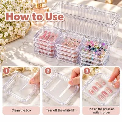 How to store press-on nails: clean the small box, peel off its white film, and lay the nails in order