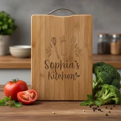 A bamboo board engraved with kitchen tools and “Sophia’s Kitchen”, standing among vegetables