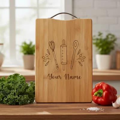 A bamboo board engraved with a whisk, a rolling pin and a spoon above “Your Name”