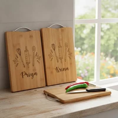 Two boards engraved with the names Priya and Krina