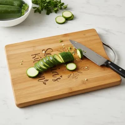 Cucumber being sliced on an engraved board