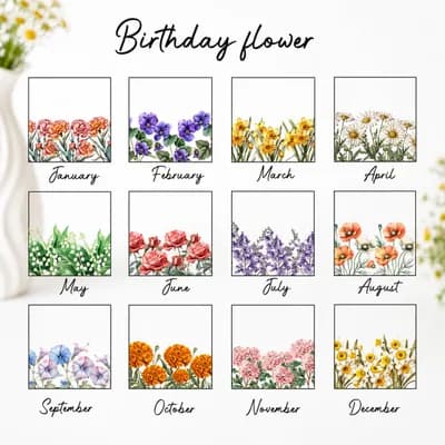 A chart of the twelve birth flowers, one for each month from January to December