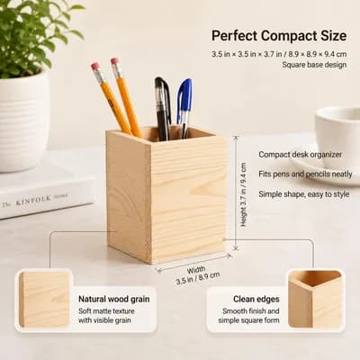 A plain wooden pen holder marked 8.9 × 8.9 cm wide and 9.4 cm tall