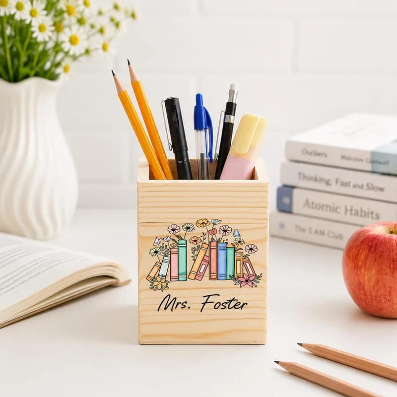 A wooden pen holder printed with books and flowers and the name Mrs. Foster, full of pens and pencils
