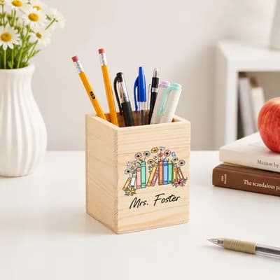 The pen holder on a desk beside a vase of daisies and an apple