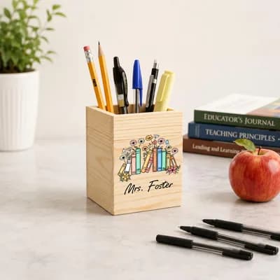 The pen holder beside books on teaching and an apple