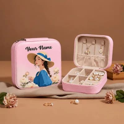 A pink mini jewelry box printed with a woman in a hat and “Your Name”, beside the open box with jewelry inside