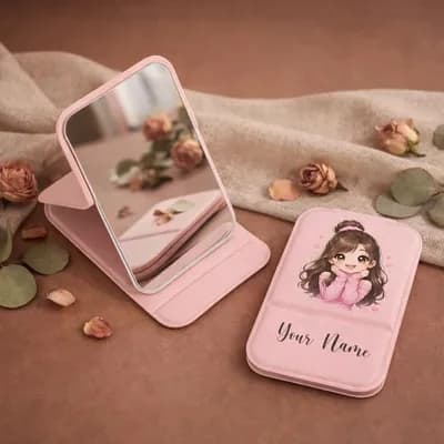 Two pink mirrors: one open on its stand, one closed to show the girl and “Your Name” on its cover