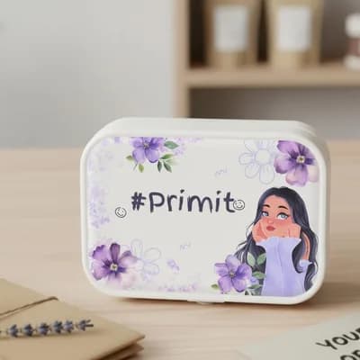 A white jewelry box printed with purple flowers and a girl in a lilac sweater, with “#Primit” on the lid