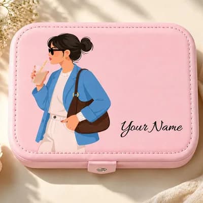 A pink jewelry box printed with a woman in a blue jacket and sunglasses sipping a drink, with “Your Name” beside her