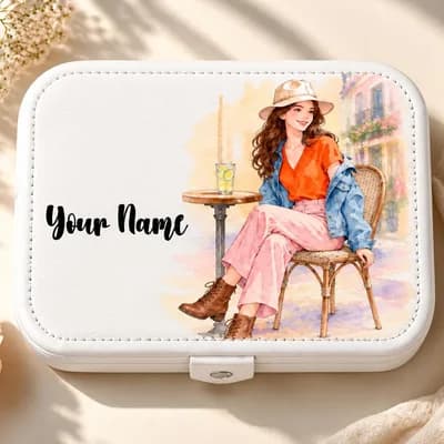 A white jewelry box printed with a girl in a hat sitting at a café table, with “Your Name” beside her
