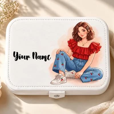 A white jewelry box printed with a girl in a red top and jeans sitting on the ground, with “Your Name” beside her