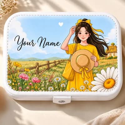 A white jewelry box printed with a meadow under a blue sky and a girl in a yellow dress holding a straw hat, with “Your Name”