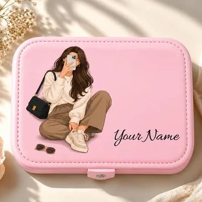 A pink jewelry box printed with a girl sitting cross-legged taking a selfie, with “Your Name” beside her