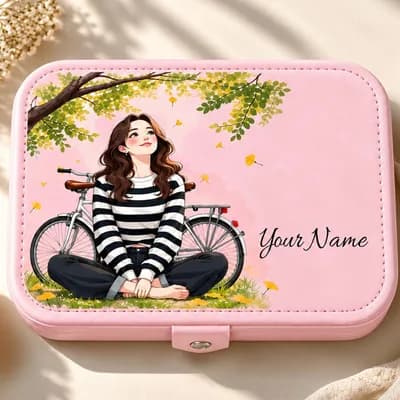 A pink jewelry box printed with a girl in a striped sweater sitting by a bicycle under a tree, with “Your Name” beside her