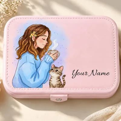 A pink jewelry box printed with a girl in a blue sweater holding a cup, with a cat, and “Your Name” beside her