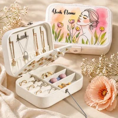 An open white jewelry box holding necklaces and rings, in front of the closed box printed with a line-drawn woman, tulips and “Your Name”