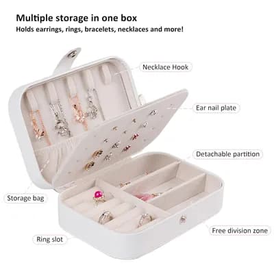 The open box, labeled: necklace hooks, an earring plate and a storage pocket in the lid; ring slots, a removable partition and an open area in the base