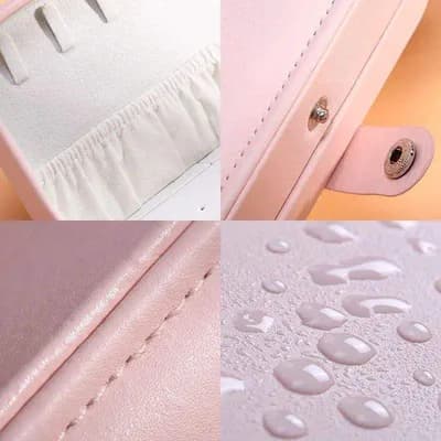 Close-ups of the box: the elastic pocket in the lid, the snap strap, the faux leather, and water beading on its surface