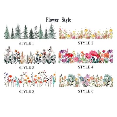 Flower styles 1 to 6: pine trees; small pink and yellow flowers; grasses and wildflowers; bright red and pink flowers; red and blue sprigs; blue and peach flowers