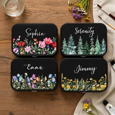 Four black jewelry boxes printed with different flower styles and the names Sophie, Serenity, Emma and Jimmy