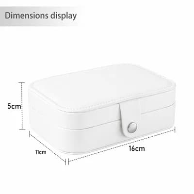 A closed white jewelry box with its snap strap, marked 16 cm long, 11 cm wide and 5 cm tall