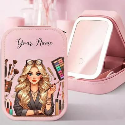 A pink makeup case printed with a blonde girl among brushes and palettes, with “Your Name” above her, beside the open case