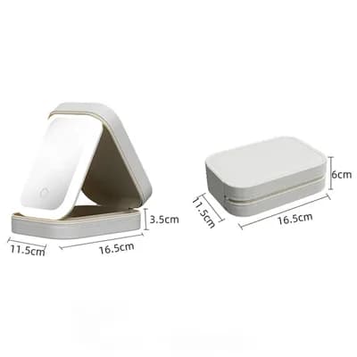 The case open and closed, marked 16.5 cm long, 11.5 cm wide and 6 cm tall closed, with a base 3.5 cm deep