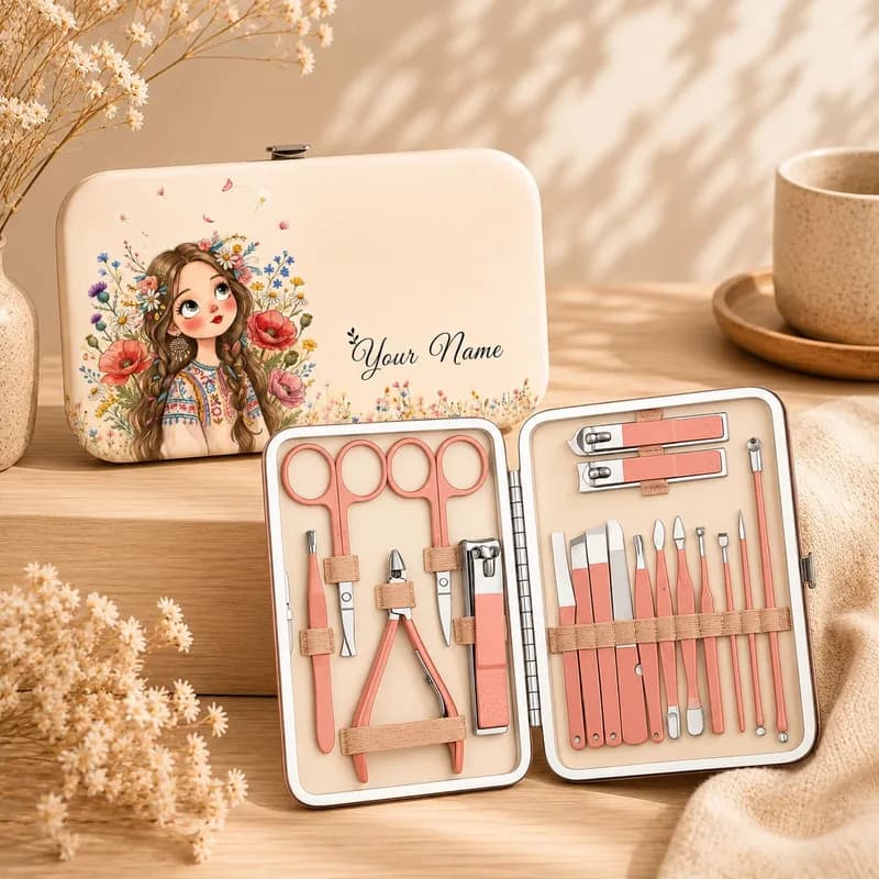 A cream case with “Your Name” beside an illustration of a girl in a flower crown among poppies and wildflowers, next to the open kit of rose-gold tools