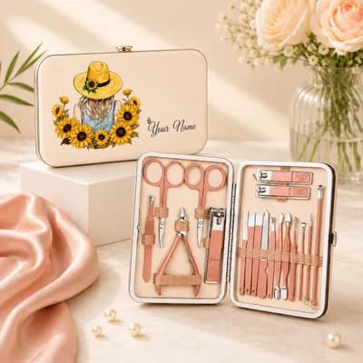 A cream case with “Your Name” beside an illustration of a girl in a straw hat, seen from behind, among sunflowers, next to the open kit of rose-gold tools