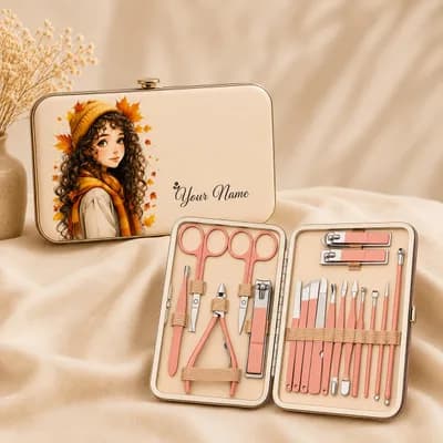 A cream case with “Your Name” beside an illustration of a curly-haired girl in a mustard knitted cap and scarf among autumn leaves, next to the open kit of rose-gold tools