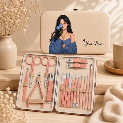 A cream case with “Your Name” beside an illustration of a girl with long dark hair holding a blue flower to her face, next to the open kit of rose-gold tools