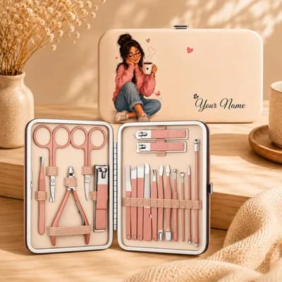 A cream case with “Your Name” beside an illustration of a girl in glasses and a pink sweater holding a coffee mug, next to the open kit of rose-gold tools