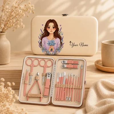 A cream case with “Your Name” beside an illustration of a girl holding a posy of lilac flowers, next to the open kit of rose-gold tools