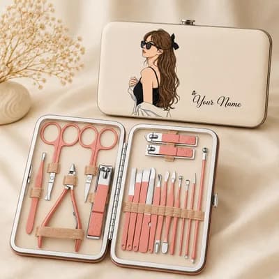 A cream case with “Your Name” beside an illustration of a girl in sunglasses and a black top, with a bow in her hair, next to the open kit of rose-gold tools