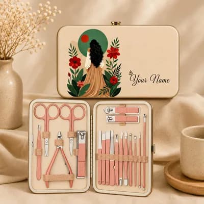 A cream case with “Your Name” beside an illustration of a woman seen from behind, her long dark hair among red flowers and leaves, next to the open kit of rose-gold tools