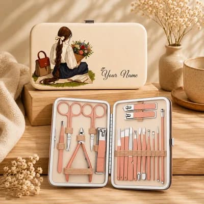 A cream case with “Your Name” beside an illustration of a girl seen from behind with a long braid, sitting with a bag, a book and a basket of flowers, next to the open kit of rose-gold tools